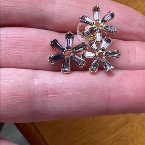 Lavender Floral Earrings. Baguette cut stones. Goldtone Hardware